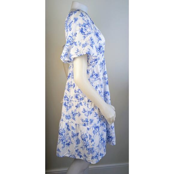 Entro White Blue Floral Ruffled Babydoll Minidress Puff Sleeve Size Medium - Picture 6 of 11